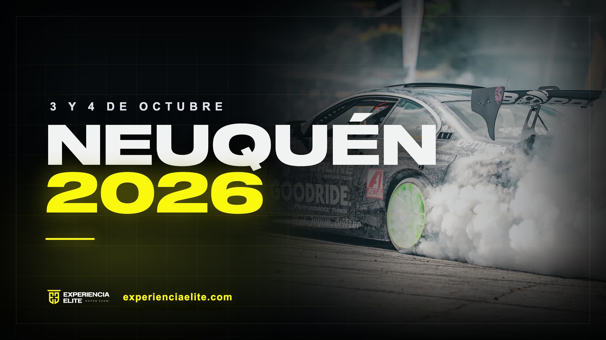 Auto de drift derrapando con humo en Experiencia Elite Neuquén